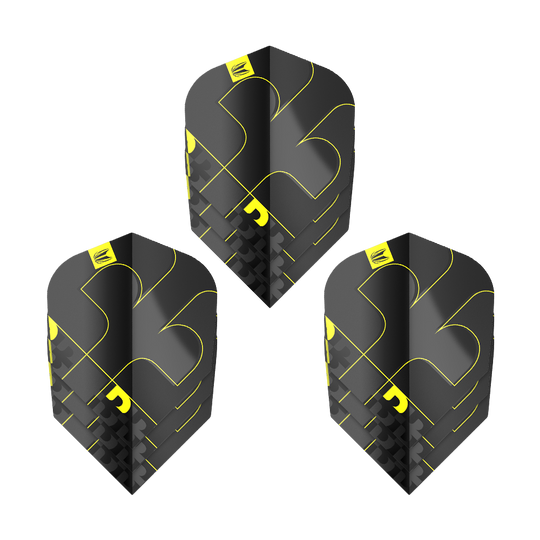 Target ProUltra Bolide Void No6 Vluchten Das Bild zeigt drei Target ProUltra Bolide Void No6 Flights. Die Flights sind schwarz mit gelben Akzenten und besitzen ein modernes, geometrisches Design.
