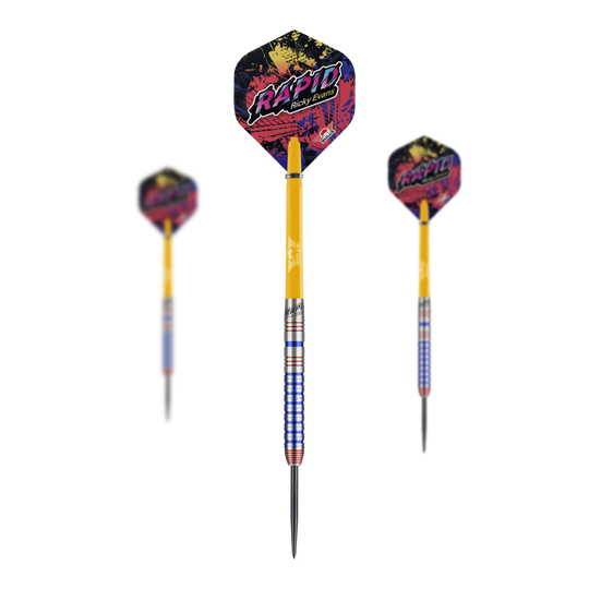 Bulls NL Ricky Evans Rapid Edition One Steeldarts Das Bild zeigt drei Steeldarts des Modells "Bulls NL Ricky Evans Rapid Edition One". Die Darts haben bunte Flights mit dem Schriftzug "Rapid" und einen auffälligen gelb-blauen Schaft.