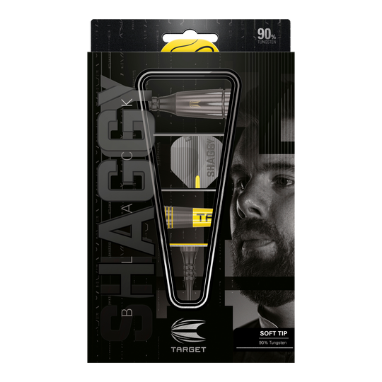 Target Scott Williams Shaggy Black Soft Darts - 20g Das Bild zeigt die Verpackung der "Target Scott Williams Shaggy Black Softdarts - 20g". Die Darts bestehen zu 90% aus Wolfram und haben eine schwarze und gelbe Optik.