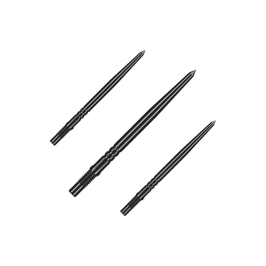 Shot Turbo Point dartpunten - Zwart Mehrere schwarze Dartspitzen gleicher Bauart liegen nebeneinander. Die Spitzen sind ein Zubehör für Steeldarts.