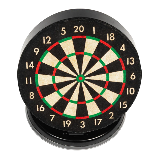 Ruthless Mini Desktop Dartbordset Das Bild zeigt eine kleine, runde Dartscheibe mit farbigen Markierungen und Zahlen. Sie ist als Mini-Desktop-Set gestaltet und eignet sich für den Schreibtisch.