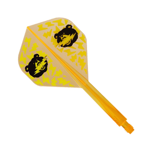 Condor Ax Black Bear Miyu Miyawaki Flight Shaft Neon Orange - Standaard Das Bild zeigt einen Dartpfeil-Flug mit einer orangenen Neon-Schafthülse. Auf dem gelben Flight sind zwei Bärenköpfe und gelbe Zickzackmuster abgebildet.
