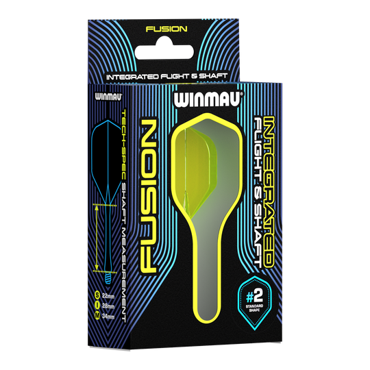 Winmau Fusion Flight Shaft System Standaard Geel Auf dem Bild ist eine Verpackung des Winmau Fusion Integrated Flight & Shaft Systems zu sehen. Die abgebildeten Flights und Shafts sind in Gelb und haben eine Länge von 22 mm.