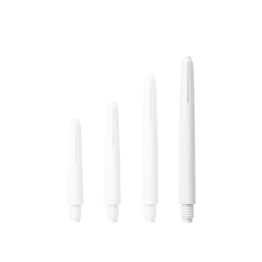 583_Nylon_Shafts_Schneeweiss_48mm_1eEErGS77u6PLx Das Bild zeigt vier weiße Nylon-Schäfte in verschiedenen Längen. Sie sind gerade nebeneinander angeordnet und haben ein Gewinde am unteren Ende.