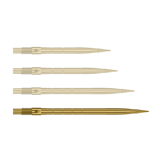 Harrows Quick Point Micro Ridge Dart Tips - Goud Hier sieht man eine einzelne Harrows Quick Point MicroRidge Dartspitze in Gold, 40mm. Sie liegt auf einem hellen Hintergrund.
