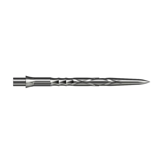 Caliburn System stalen dartpunten - HAN G2 - Zilver Auf dem Bild ist eine silberne Steeldartspitze mit eingedrehtem Muster zu sehen. Sie ist lang und schmal mit einer spitzen Spitze.