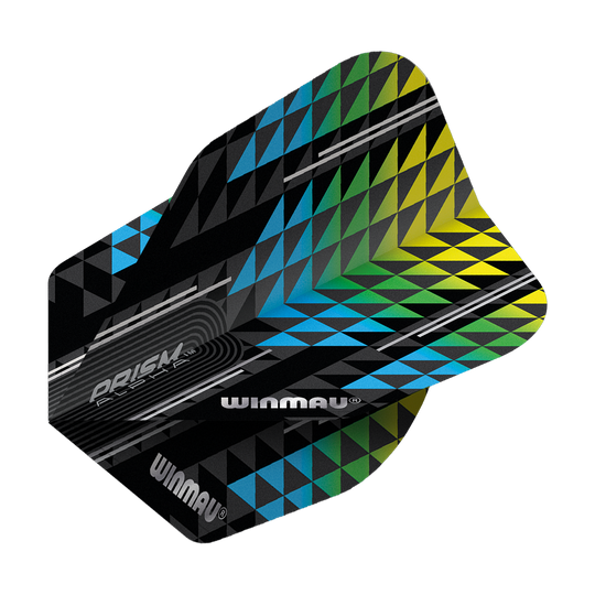 Das Bild zeigt ein Winmau Prism Alpha No6 Dartflight in den Farben Blau, Grün und Gelb. Das Flight hat ein modernes, geometrisches Muster mit vielen kleinen Dreiecken.