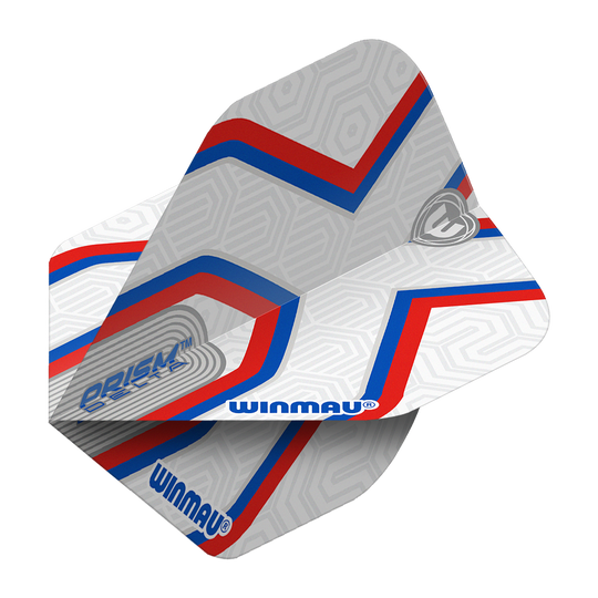 Das Bild zeigt die Winmau Prism Delta Epix No2 Standard Flights. Die Flights sind hauptsächlich weiß mit roten und blauen Streifen sowie dem Winmau-Logo.