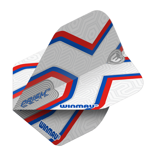 Winmau Prism Delta Epix No2 Standaard Vluchten Das Bild zeigt die Winmau Prism Delta Epix No2 Standard Flights. Die Flights sind hauptsächlich weiß mit roten und blauen Streifen sowie dem Winmau-Logo.