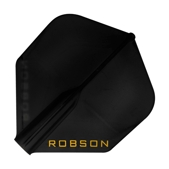 Robson Plus Standard Flights Dies ist ein schwarzes Dartflight mit der Aufschrift "ROBSON" in gelber Farbe. Das Flight hat eine Standardform und wirkt robust.