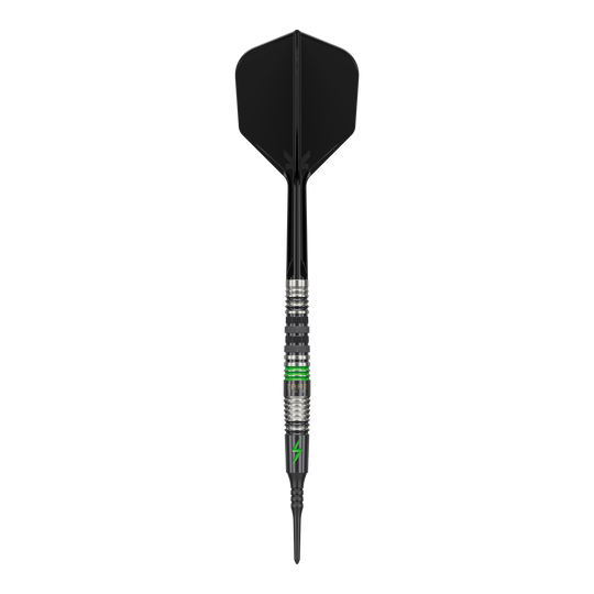 Target Japan Black Marque Lightning 3 zachte darts - 19g Dieses Bild zeigt einen Softdart mit dem Namen "Target Japan Black Marque Lightning 3" mit einem Gewicht von 19g. Der Dart ist überwiegend schwarz mit silbernen und grünen Akzenten gestaltet.