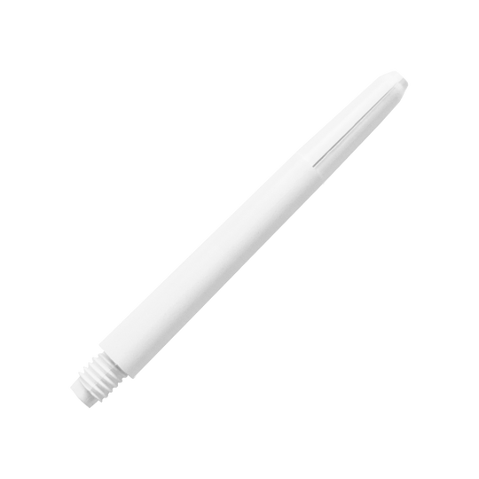 583_Nylon_Shafts_Schneeweiss_48mm_2IoLw3kXGA4734 Das Bild zeigt einen weißen Nylon-Schaft mit Gewinde am Ende. Der Schaft ist schlank und hat eine glatte Oberfläche.