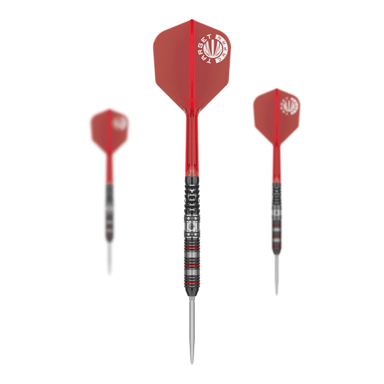 Das Bild zeigt drei Steeldarts der Marke "Target Japan Prime Series Diamond GEN3". Die Darts haben rote Flights und einen schwarz-silbernen, geriffelten Barrel.