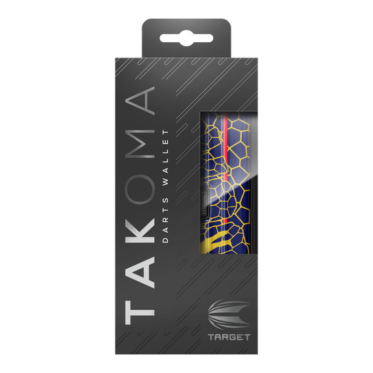 Target Takoma Josh Rock dartkoffer Dies ist das Target Takoma Josh Rock Dartcase in einer eleganten schwarzen Verpackung. Durch das Sichtfenster sieht man das Design des Dartcases mit einem blauen und gelben Wabenmuster.