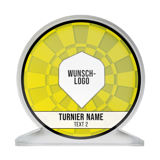 ACP-Gelb_Acrylglas_Pokal_mit_Wunschdruck_Logo_Gelb_1 Auf dem Bild ist ein runder Pokal aus Acrylglas mit gelbem Muster zu sehen. In der Mitte steht "Wunsch-Logo" und darunter "Turnier Name" sowie "Text 2".