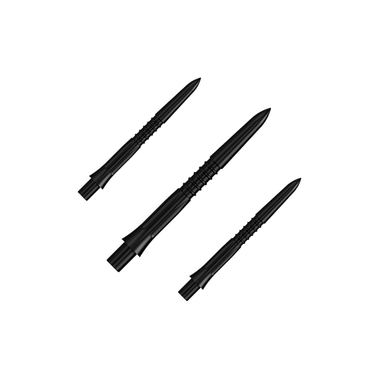 Mission Caliburn EVO Dart Tips GV1 - Zwart Ein Set von schwarzen Steeldartspitzen mit 26 mm Länge. Auf dem Bild sieht man mehrere Spitzen aus der Misson Caliburn EVO GV1 Reihe.