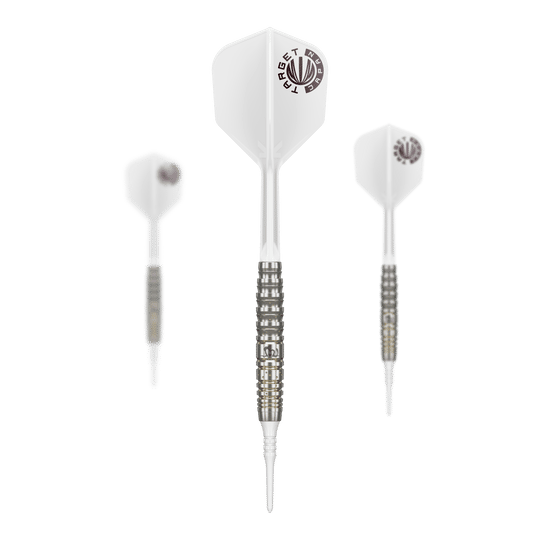 Das Bild zeigt drei Softdarts der Serie „Target Japan Prime Series Mayujo Morita GEN6“ mit einem Gewicht von 18g. Die Darts haben weiße Flights und einen silber-schwarzen Barrel mit goldenen Akzenten.