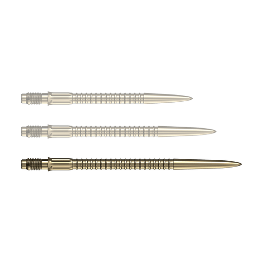 Zu sehen ist eine einzelne goldene Dartspitze der Serie Mission R25 Rapid Point mit 40mm Länge. Die Spitze ist für den Einsatz beim Dartspiel geeignet.