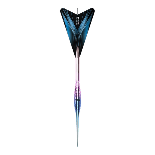 Caliburn TTD Complete Titanium T2 Rainbow stalen dartpijlen - 6 g Das Bild zeigt die Caliburn TTD Complete Titanium T2 Rainbow Steeldarts mit einem Gewicht von 6g. Die Steeldarts haben ein auffälliges, regenbogenfarbenes Design.