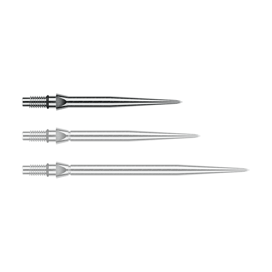 Winmau Switch Point gladde stalen dartpunten - zilverkleurig effect Das Bild zeigt eine silberne Steeldartspitze mit glattem Design. Die Länge beträgt vermutlich 26 mm.