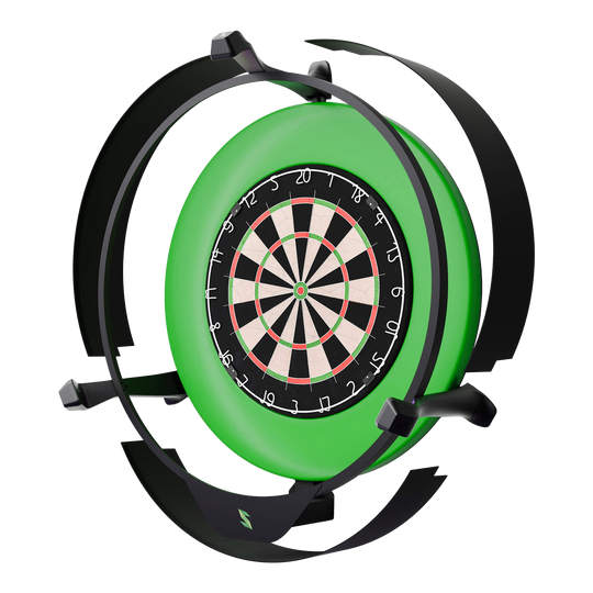 Scolia Home 2 Elektronisch Autoscoring Systeem met Verlichtingsring 2026 Das Bild zeigt das Produkt "Scolia Home 2 Electronic Score System mit Beleuchtungsring". Es handelt sich um ein elektronisches Punktesystem für Dartboards, das von einem grünen Beleuchtungsring umgeben ist.