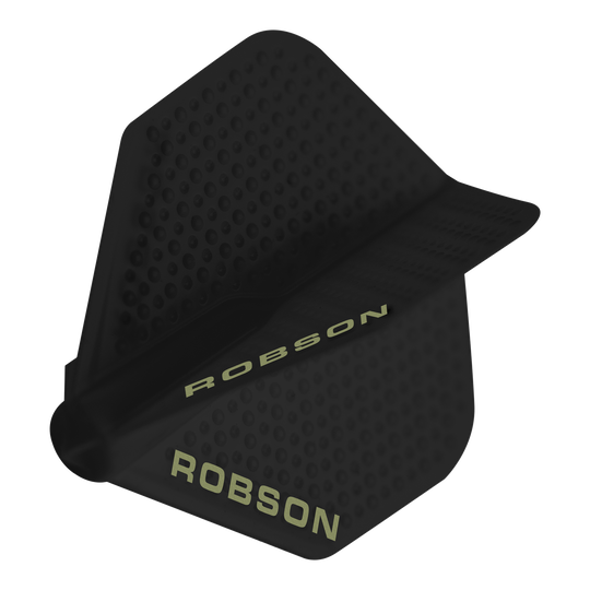 Robson Plus Dimple Flights - Zwart Dies ist ein schwarzer Dartflight mit einer Dimple-Oberfläche. Auf dem Flight steht der Schriftzug „ROBSON“ in heller Farbe.