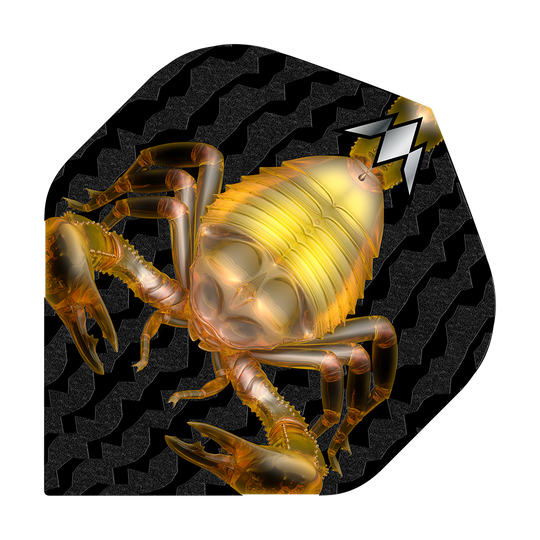 Mission Solo Scorpion No2 Standaardvluchten Das Bild zeigt das Produkt "Mission Solo Scorpion No2 Standard Flights" mit einer goldenen Skorpion-Grafik. Der Hintergrund ist schwarz mit einem wellenförmigen Muster.