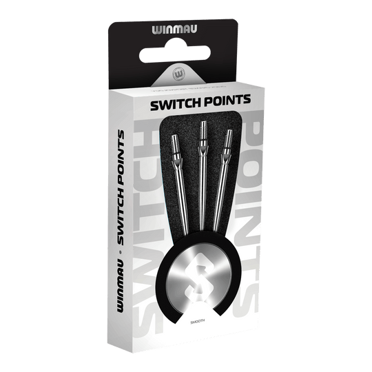 Winmau Switch Point gladde stalen dartpunten - zilverkleurig effect Abgebildet sind Winmau Switch Point Smooth Steeldartspitzen in Silver Effect. Diese glatten Dartspitzen sind silbern und für Steeldarts geeignet.