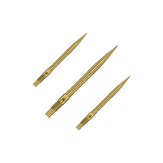 Harrows Quick Point Heavy Metal Dartpunten - Goud Abgebildet sind goldene Dartspitzen mit 26mm Länge, dargestellt als ein Set. Es handelt sich um Harrows Quick Point Heavy Metal Grip Dartspitzen Gold 26mm im Set.