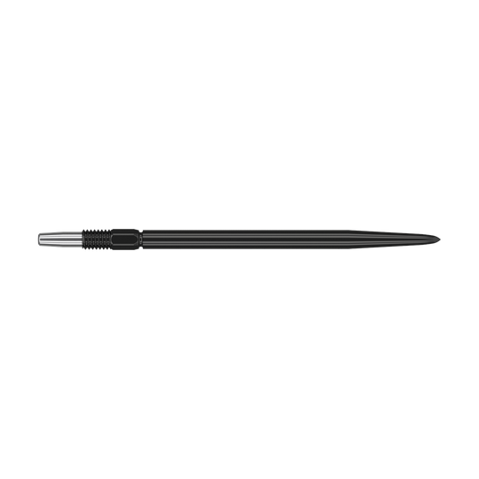 Target Swiss Point Black dartpunten Auf dem Bild ist eine schwarze Dartspitze mit silbernem Gewinde zu sehen. Sie ist lang und schmal und misst 40 mm.
