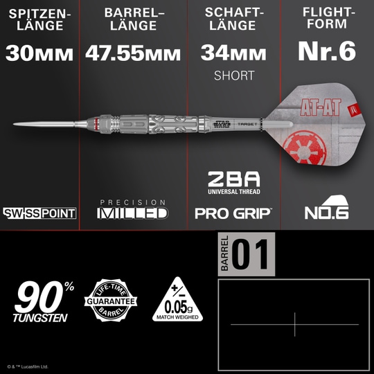 Target Star Wars AT-AT Swiss Point stalen dartpijlen Das Bild zeigt die Target Star Wars AT-AT Swiss Point Steeldarts. Es handelt sich um hochwertige Steeldarts im Stil des Star Wars AT-AT.