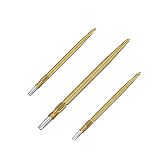 Target Swiss Point SLK darttips - goud Das Bild zeigt drei goldene Dartspitzen mit silbernem Gewinde am Ende. Sie sind in einer diagonalen Anordnung auf grünem Hintergrund dargestellt.