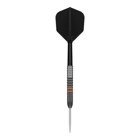Das Bild zeigt einen eleganten Steeldart mit schwarzem Flight und fein geriffeltem Griff. Es handelt sich um das Modell "Target Japan Black Marque Morpheus GEN2 Steeldarts".
