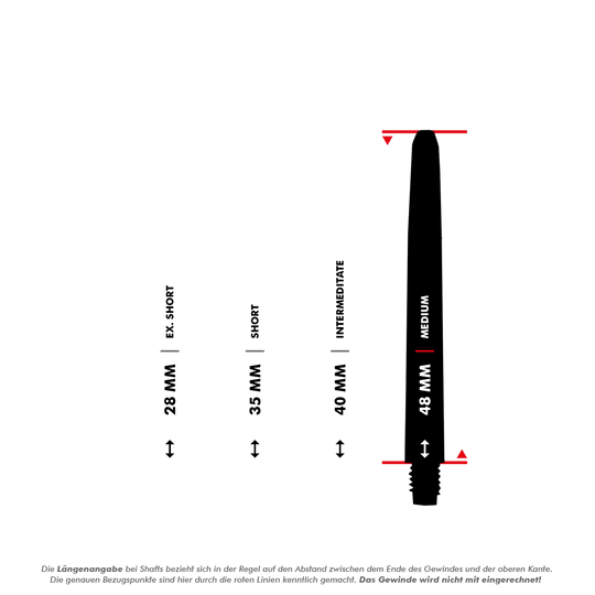 565_Nylon_Shafts_5_48mmB0amRKj8z3k8p Das Bild zeigt verschiedene Längen der Nylon Shafts - Schneeweiß, von Extra Short (28 mm) bis Medium (48 mm). Die Maße beziehen sich auf den Abstand zwischen dem Ende des Gewindes und der oberen Kante, das Gewinde wird dabei nicht mitgerechnet.