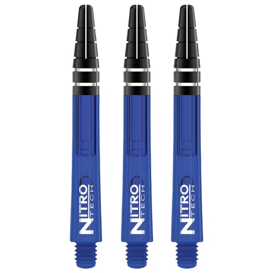 C450_Nitrotech_Medium_Blue_V Das Bild zeigt drei blaue RedDragon Nitrotech Shafts. Die Shafts haben schwarze und silberne Akzente und sind für Darts gedacht.