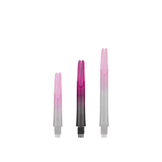 Auf dem Bild sind drei unterschiedlich lange, zweifarbige Dartschäfte zu sehen. Sie sind unten schwarz und gehen nach oben in ein kräftiges Pink über.