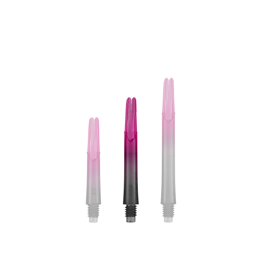 L-L-Style-Shaft Locked Straight Natural9 TwoTone Shafts - Roze Auf dem Bild sind drei unterschiedlich lange, zweifarbige Dartschäfte zu sehen. Sie sind unten schwarz und gehen nach oben in ein kräftiges Pink über.