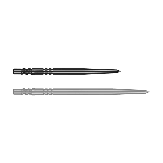 Shot Turbo Point dartpunten - Zwart Das Bild zeigt eine schwarze Dartspitze in Detailaufnahme. Die Spitze ist schlank und stabil.