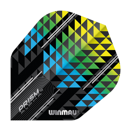 Das Bild zeigt einen Winmau Prism Alpha Flight in den Farben Blau, Grün und Gelb mit geometrischem Dreiecksmuster. Auf dem Flight stehen die Aufschriften „PRISM ALPHA“ und „WINMAU“.