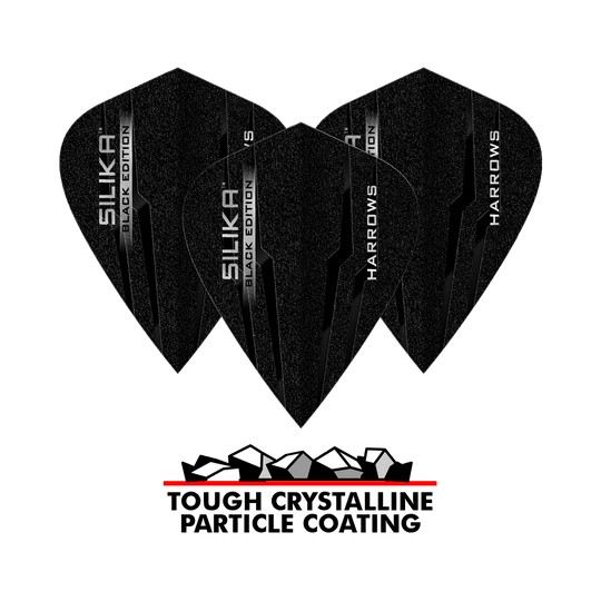 Harrows Silika Black Edition vliegervluchten Das Bild zeigt drei schwarze Harrows Silika Black-Edition Kite Flights mit glänzender Beschriftung. Darunter steht „Tough Crystalline Particle Coating“ mit einer Grafik von Kristallen.