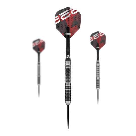 Shot van Niels Zonneveld V2 stalen darts Das Bild zeigt drei Steeldarts des Modells "Shot Niels Zonneveld V2". Die Darts haben silber-schwarze Spitzen und Schäfte sowie rote und schwarze Flights mit Muster.