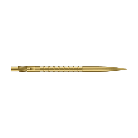 Harrows Quick Point Heavy Metal Dartpunten - Goud Das Foto zeigt eine 40 mm lange Harrows Quick Point Heavy Metal Grip Dartspitze in Gold. Die Spitze hebt den strukturierten Griff hervor.
