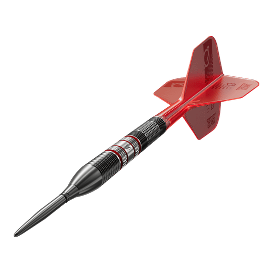 Das Bild zeigt einen Target Gabriel Clemens 95K Swiss Point Steeldart. Der Dart hat ein schwarzes Barrel mit roten Akzenten und rote Flights.