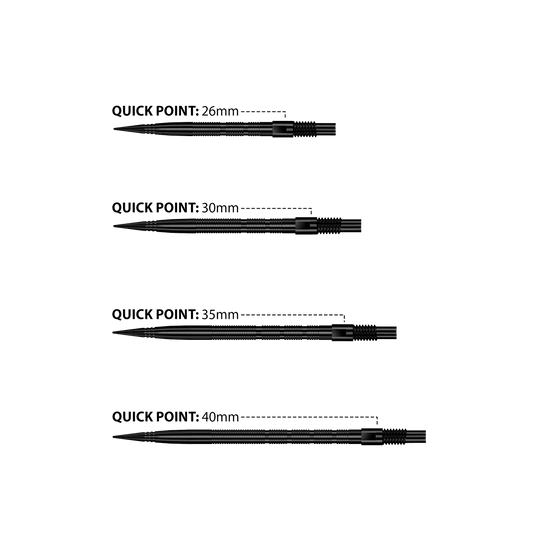 Harrows Quick Point Micro Ridge Dart Tips - Zwart Das Bild zeigt Harrows Quick Point Micro Ridge Dartspitzen in Schwarz. Die Dartspitzen sind schlank und für präzises Werfen geeignet.