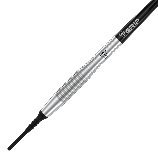 Bulls Martin Schindler TW80 zachte darts - 18g Auf dem Bild ist ein Bulls Martin Schindler TW80 Softdart mit einem Gewicht von 18g zu sehen. Der Dart hat ein silbernes, geriffeltes Griffstück und eine schwarze Spitze.