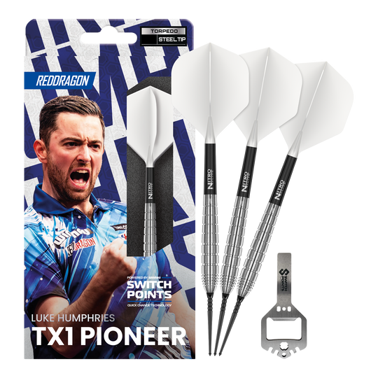 Dieses Bild zeigt die Red Dragon Luke Humphries TX1 Pioneer Switch Point Steeldarts in voller Ansicht. Die Darts sind für Präzision und hohe Leistung bekannt.
