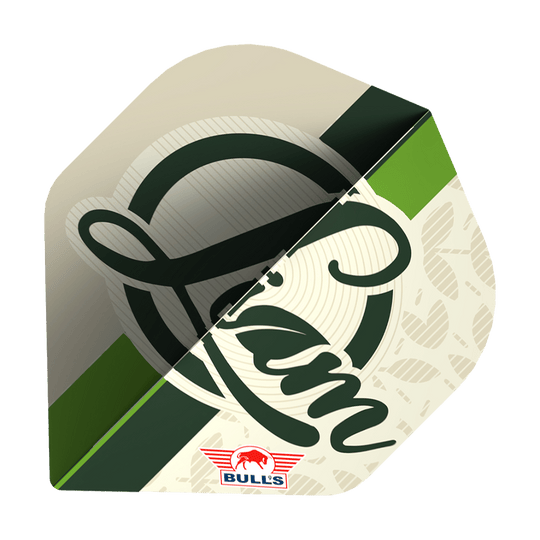 Das Bild zeigt ein Dart Flight mit dem Schriftzug "Liam" und einem klassischen Design in Grün- und Beigetönen. Unten ist das Logo von BULL'S zu sehen.