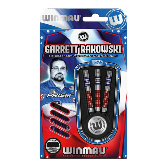 Winmau Garrett Rakowski zachte dartpijlen - 20 g Auf dem Bild ist eine Verpackung der "Winmau Garrett Rakowski Softdarts - 20g" zu sehen. Die Verpackung zeigt die Darts sowie ein Bild von Garrett Rakowski und ist in Blau, Rot und Weiß gestaltet.