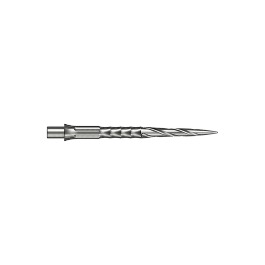 Caliburn System stalen dartpunten - Spiro - NoLip - zilver Zwei silberne Steeldartspitzen sind abgebildet. Die Spitzen sind 30 mm lang und haben ein Spiro NoLip Design.