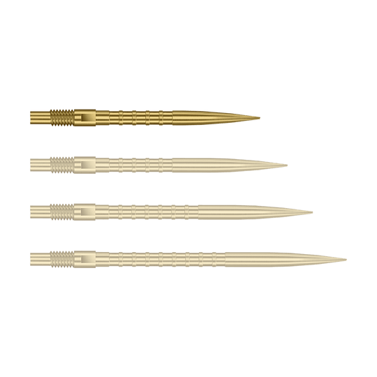 Harrows Quick Point Heavy Metal Dartpunten - Goud Das Bild zeigt Dartspitzen mit starkem Metallgriff in goldener Farbe und 26mm Länge. Das Produkt ist Harrows Quick Point Heavy Metal Grip Dartspitzen Gold 26mm.